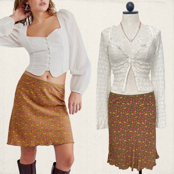 Free People IRL Floral Skirt Mini Green Yellow Pink Combo Satin Silk Low-Rise 4 - Picture 3 of 6